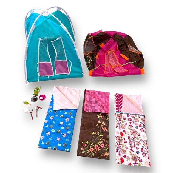 18" Doll Camping Set With 3 Sleeping Bags 2 Tents & Play Dishes - Picture 9 of 13
